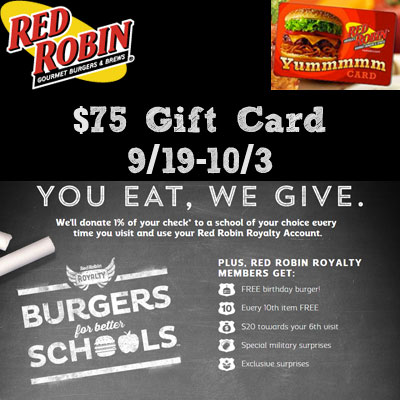 Enter to Win a $75 Gift Card to Red Robin Giveaway Ends 10/3